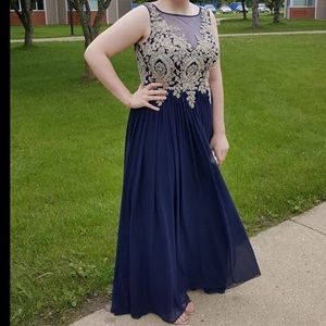 JVN Jovani Navy Blue and Gold Prom Dress Gown